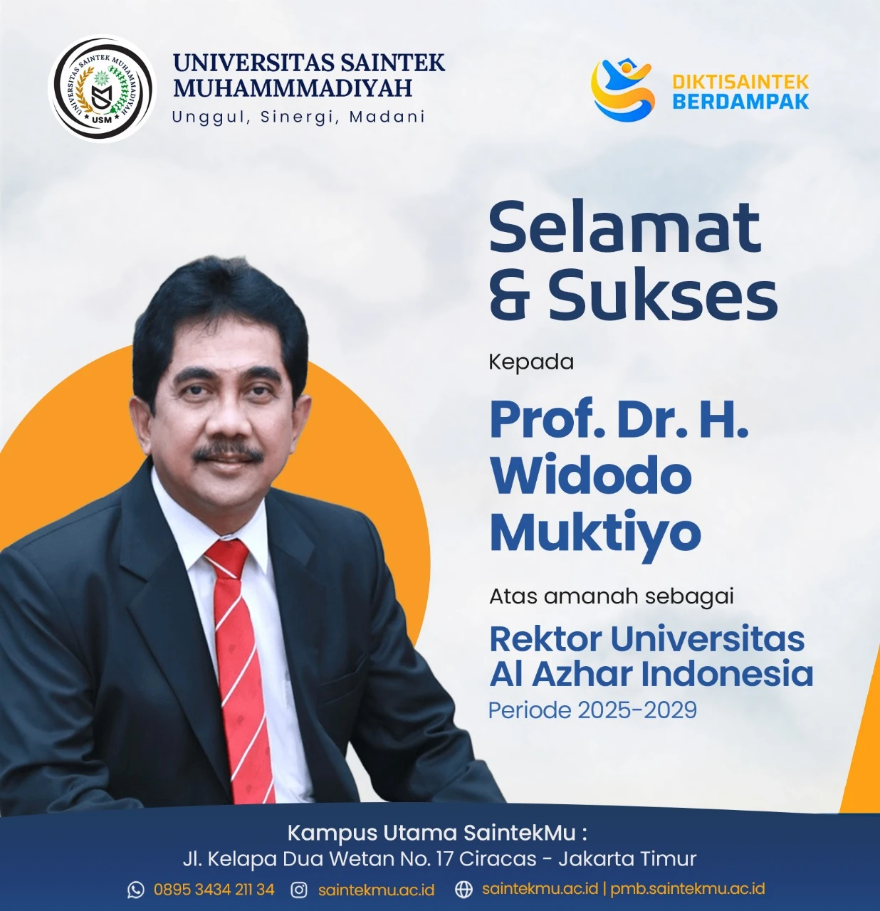 Prof. Widodo Muktiyo Dilantik Rektor UAI, Rektor SaintekMU Ucapkan Selamat.